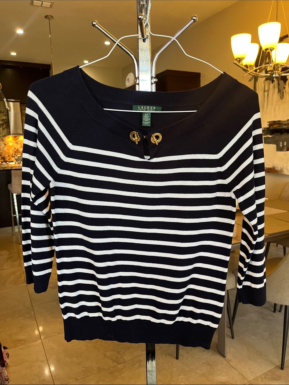 Lauren Ralph Lauren Navy & White Striped Sweater with Gold-Tone Eyelets. Size Sp